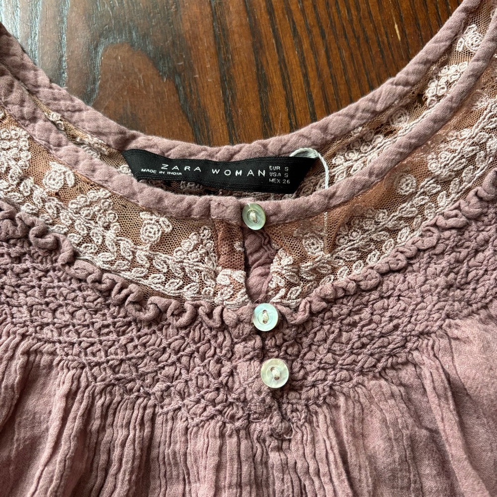 Zara Mauve Pink Smocked Cotton Blouse - Picture 3 of 7